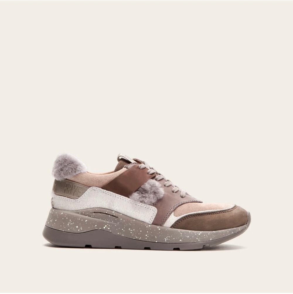 Frye Willow Low Lace Leather Shearling Sneakers Brown Grey Size 7.5 Minimalist